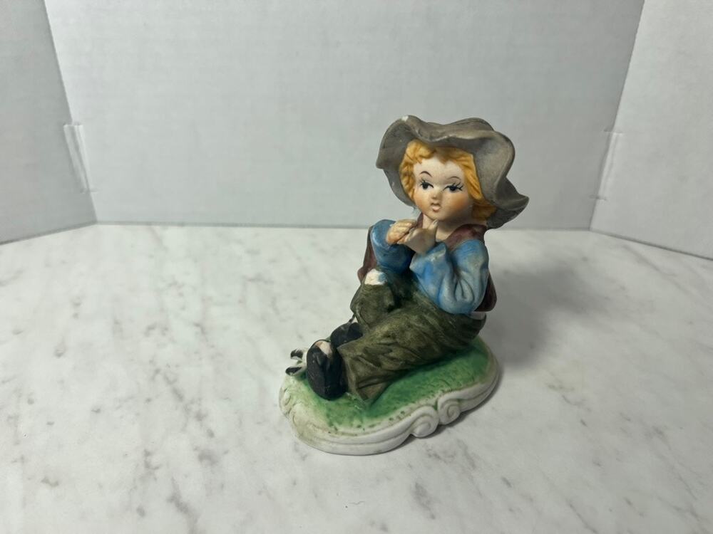 Vintage COTC Ceramic Figurine - Boy with Floppy Hat and Bird - Made in Korea